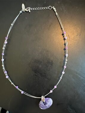 Silver-Tone Purple Bead Necklace with Amethyst-Style Pendant
